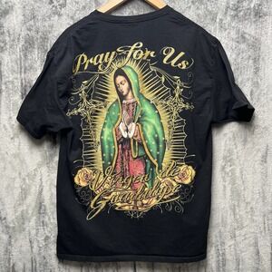 VTG Y2K Virgen De Guadalupe Mary T Shirt L Black Jesus Religious Mexico Chicano
